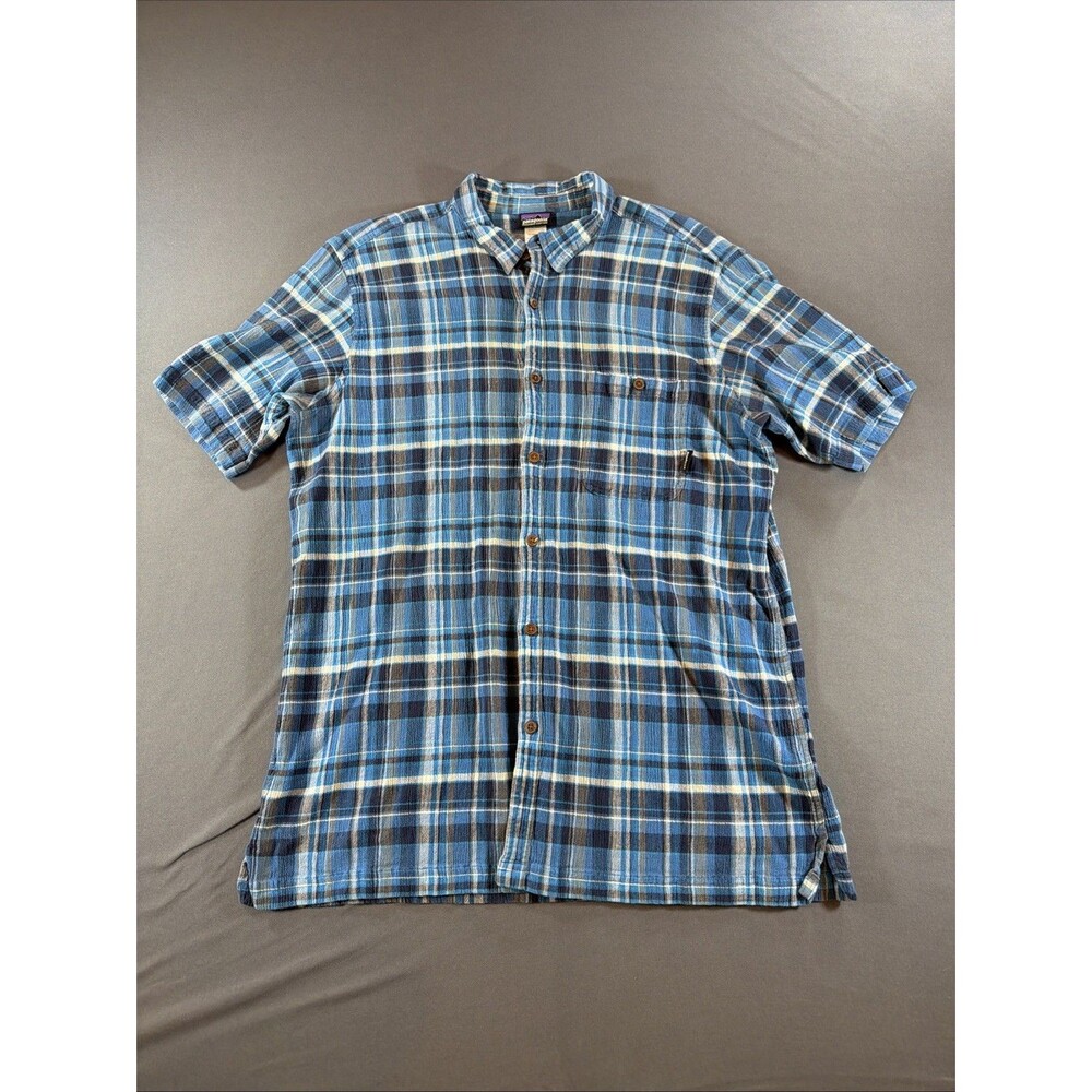 Patagonia Men’s A/C Button Down Shirt Size XL Organic Blue White Plaid
